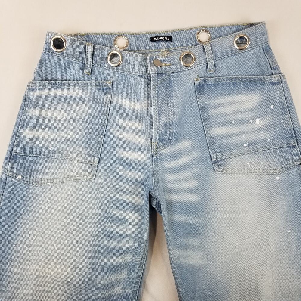 Flamingals Jeans Womens XL Moxie Barrel Low Slung Paint Splatter Grommet Tie - Picture 6 of 12